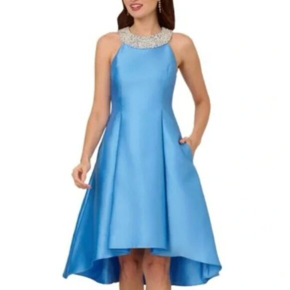 NWOT  Adrianna Papell Beaded-Neck Mikado Dress Cool Cloud - Picture 2 of 11